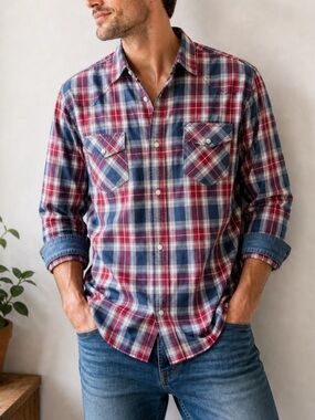 THREAD and CLOTH Red Blue Plaid Western Shirt Pearl Snap Cotton Mens L